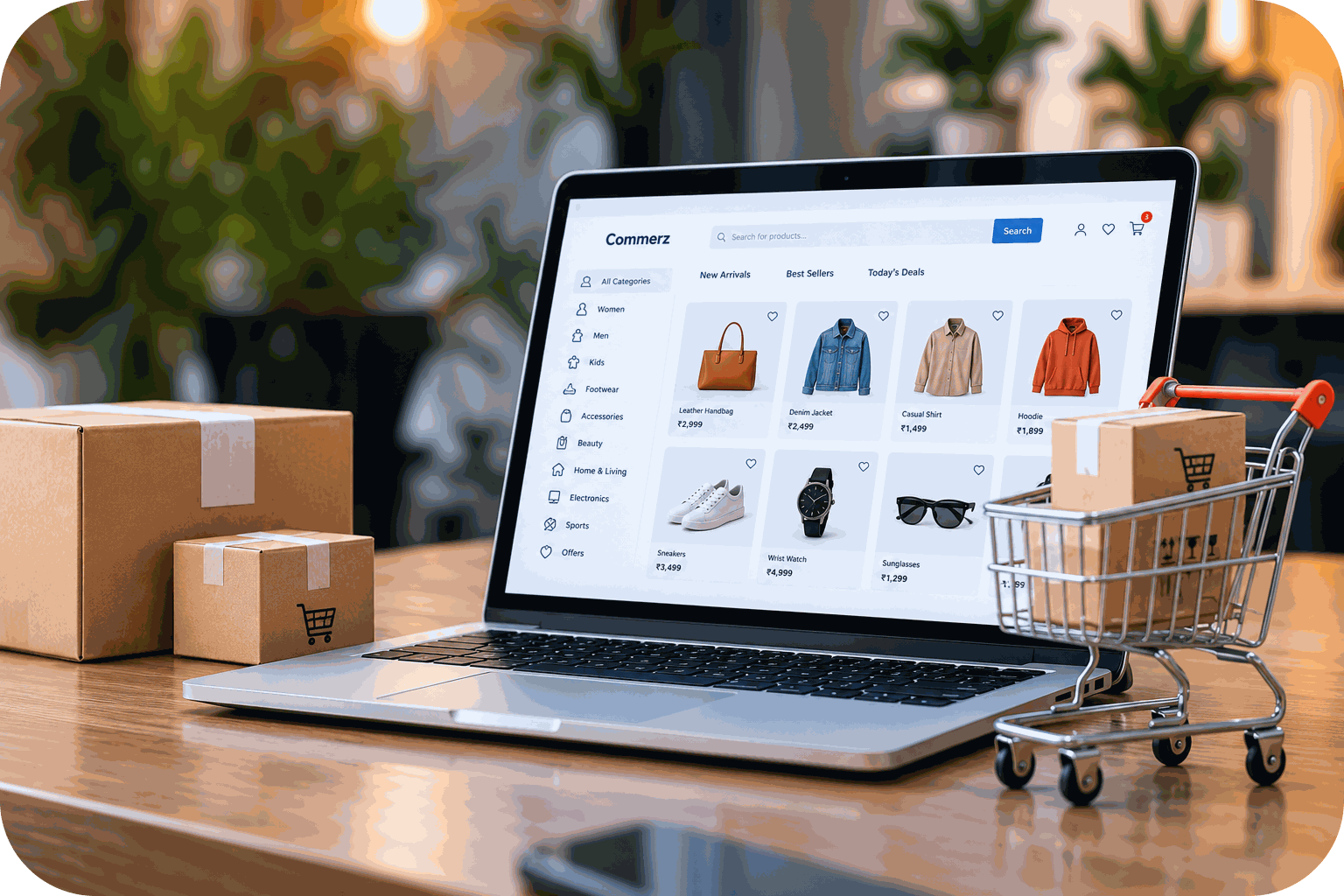 E-commerce workspace with laptop, packages, and shopping cart