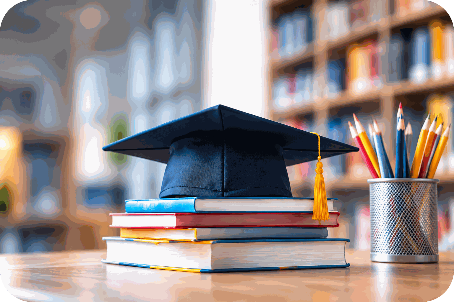 Graduation cap and books representing education research